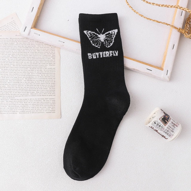 Men Socks Cotton Cartoon Pattern - black one butterfly image