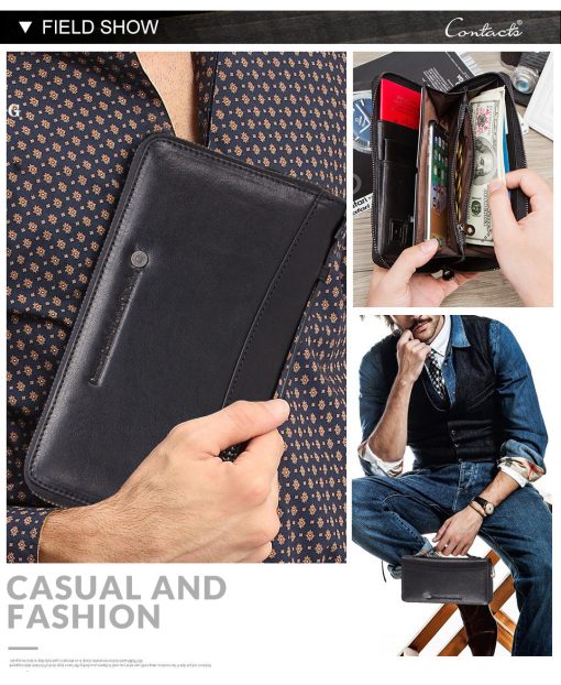 Genuine Leather Men Clutch for 6.5" Cellphone Man Long Wallet Passport Holders With Zipper Coin Pocket Male Purse - Image 6