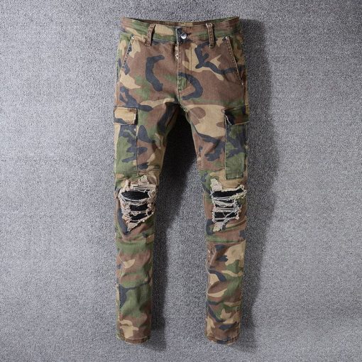 Lit Up Camouflage Print Patchwork Biker Jeans