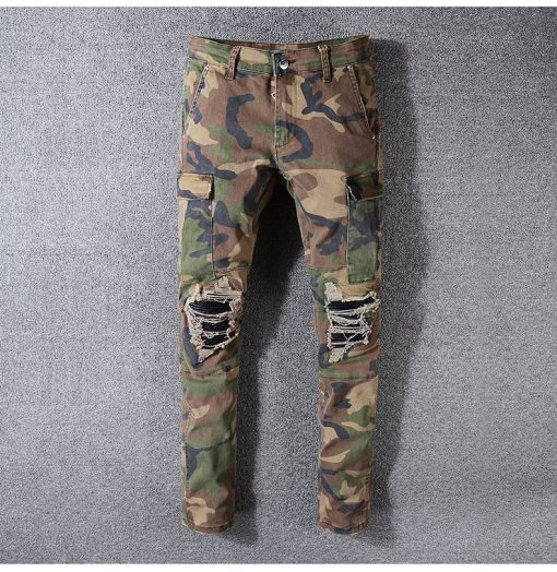 Lit Up Camouflage Print Patchwork Biker Jeans - Image 2