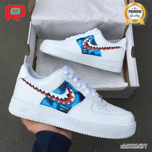 AF 1 Blue Bape Shark Custom Shoes Sneakers - custom shoes basketball