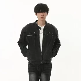 Men's Denim Jacket Metal Design Distressed Washed Cropped