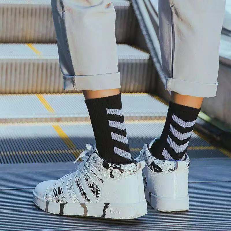 INS Cotton Black White Stripe Crew Men Socks - Image 13