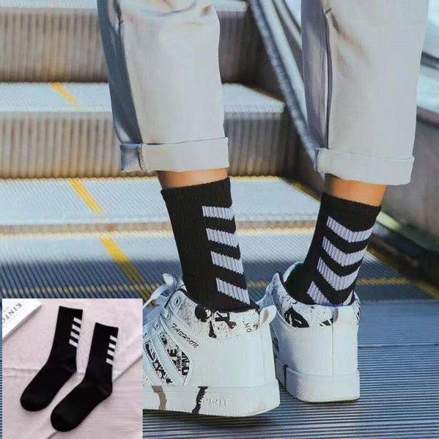 INS Cotton Black White Stripe Crew Men Socks - Image 7