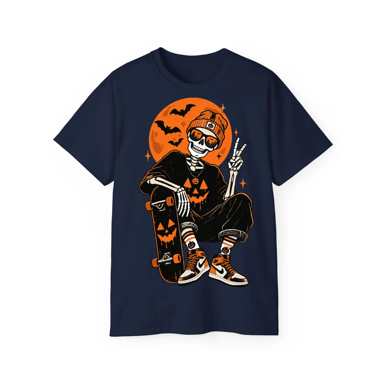 Retro Skater Skeleton Halloween T-Shirt – POD0020 - Image 5